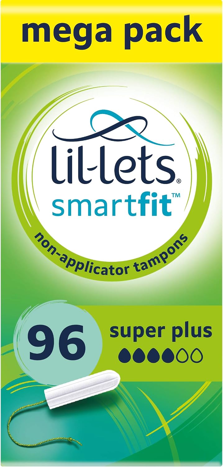 Lil-Lets Non-Applicator Super Plus Tampons X 96, 6 Packs of 16 Tampons, For Heavy Flow, 4 Droplets, Plant-Based, SmartFit Non-App Tampon