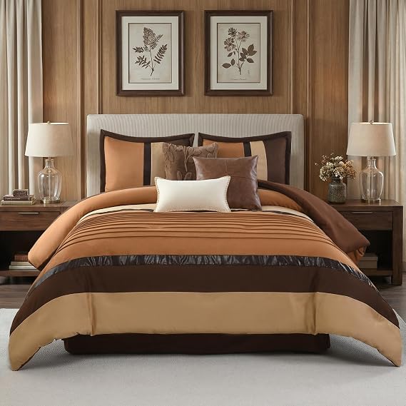 Brown Comforter Set Queen Size Luxury 7-Piece Suede Feel Bedding