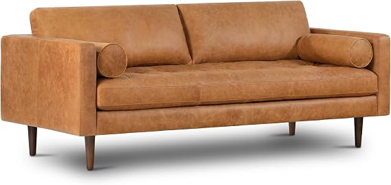 POLY & BARK Napa 88.5" Leather Sofa Full-Grain Italian-Tanned Aniline Leather, Feather-Down Comfort, Solid Wood Frame, Walnut Legs, Cognac Tan