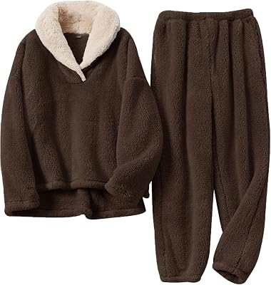 Muchpow Womens Fluffy Pajamas Set Winter Warm Fleece Oversized Pullover Fuzzy Pants Sets Plush Loungewear 2 Piece Pjs