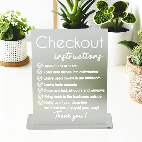 Acrylic Checkout Instructions Sign for Airbnb,Vrbo,Office,Vacation Rental,Rented Accommodation,Airbnb Sign,Modern Wedding Label Decor for Special Event Celebration Party Table Decoration Supplies.