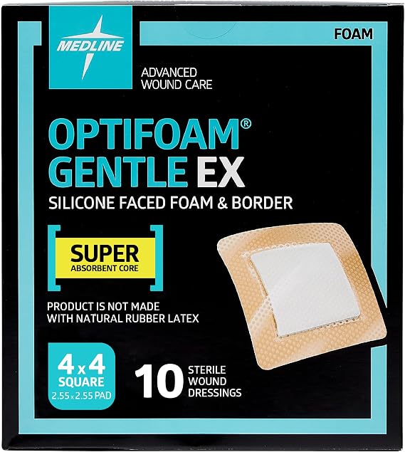 Optifoam Gentle EX Silicone-Faced Bordered Foam Dressing, 4" x 4", 10 Count