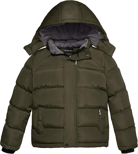 wantdo Boys Puffy Winter Coats Fleece-Lined Snow Jackets Removable Hood