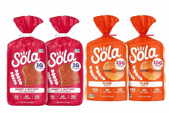 Sola Low Carb Bread & Bagels Variety Pack 4 Pack (2 Sweet & Buttery Bread + 2 Plain Bagels) | Keto Friendly, High Fiber