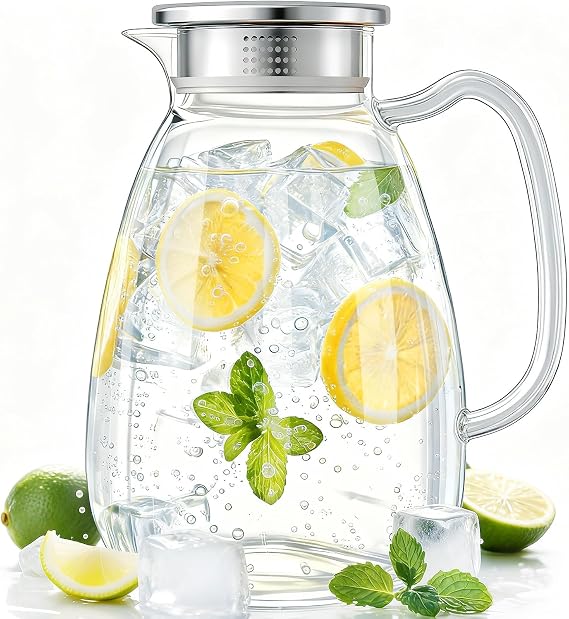 Glass Pitcher with Lid and Handle, 2.2L/74 oz Borosilicate Glass