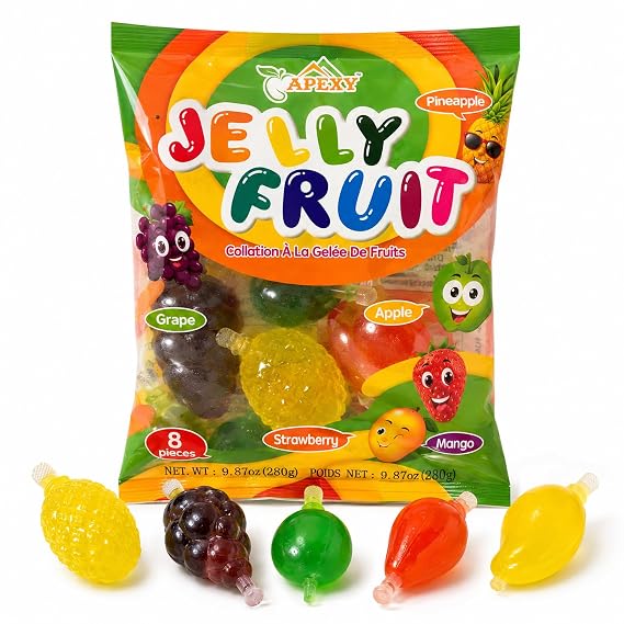 Apexy Jelly Fruit Candy, Assorted Fruit Shaped Jelly Snacks, Strawberry Mango Apple Pineapple Grape Flavors, Soft Chewy Asian Jelly Candy, 9.87oz, Pack of 1