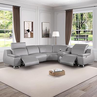 Power Recliner Sectional Sofa for Living Room, Grey Top Genuine Cowhide Leather Reclining Sectional Couch with USB Ports, 4-Seater Leather Couch with Console for Living RoomApartmentOffice