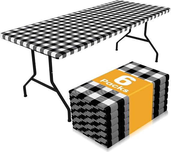 Smiry Picnic Table Cloth 6 Pack, Waterproof Elastic Fitted Tablecloths for 6FT Rectangle Tables, Washable Polyester Buffalo Plaid Tablecloth for