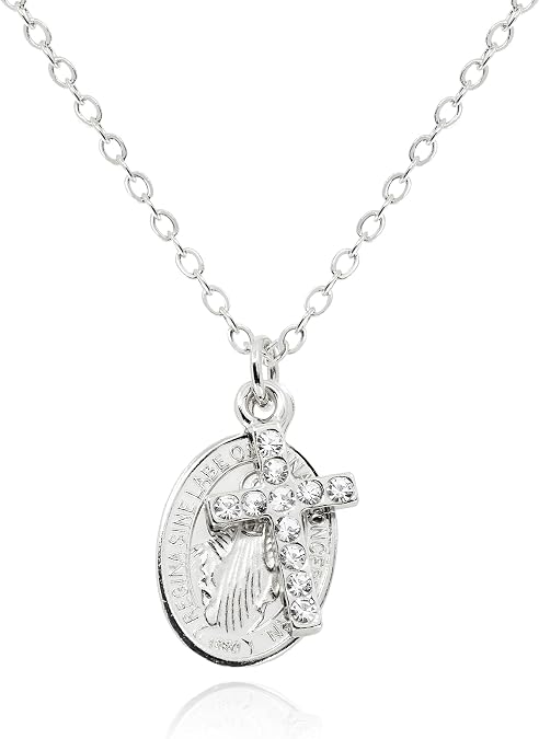 Cross and Miraculous Medal Necklace Virgin Mary Coin Pendant Catholic Necklace for Women Kids 14K Gold Plated Non Tarnish Dainty Religious Jewelry [CXN-MC]