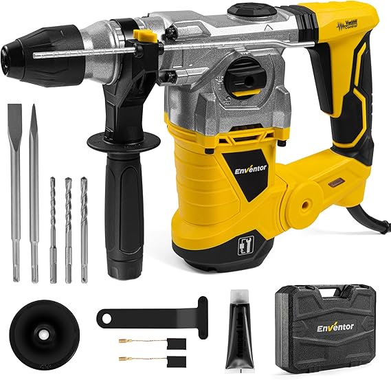 Enventor Rotary Hammer Drill with Safety Clutch, 13 A, 1-1/4 Inch SDS-Plus | Heavy Duty, 4 Modes, 0-850 RPM, 62 MM Concrete Capacity, 360 Handle, 3 Drill Bits, 2 Chisels and Carrying Case, Yellow