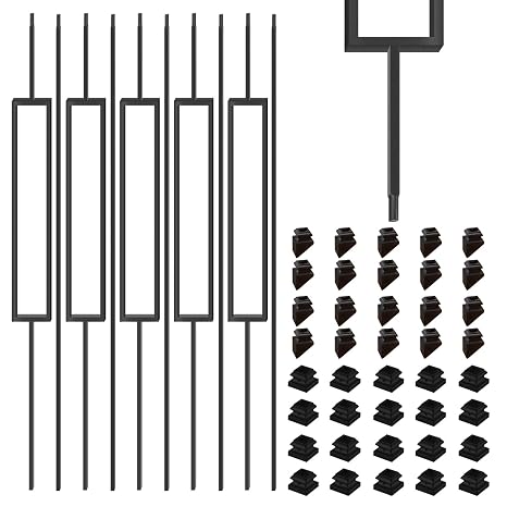 1/2 Inch Wrought Iron Rectangular Balusters - Hollow Iron Square Plain Bar Stair Balusters - Metal Spindles for Indoor Staircase with Baluster Shoes, Satin Black (20 Pack)