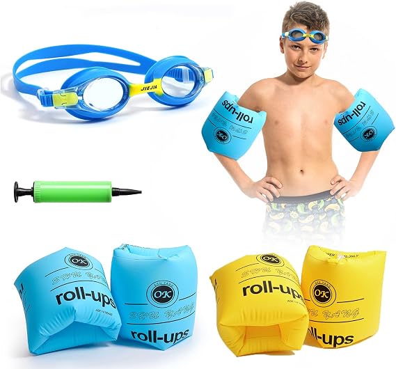Arm Floaties for Kids,Swim Trainer Floaties and Kid's Swimming Goggles with Anti-Fog and Anti-UV(4 Pack),PVC Arm Floaties Inflatable Swim Arm Bands Floater Sleeves Children's Swimming Ring