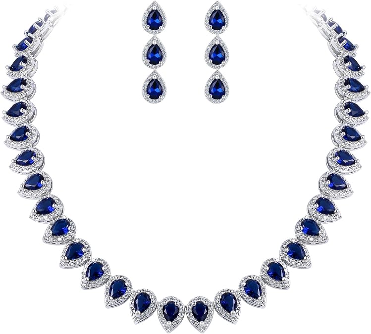 Women's Full Prong Cubic Zirconia Teardrop Bridal Necklace Earrings Set
