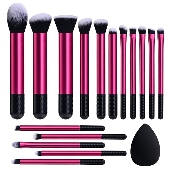 BS-MALL Makeup Brushes 16 Pcs Purple Short Handle Travel Makeup Brus Set with 1 Triangle Puff (HotPink)