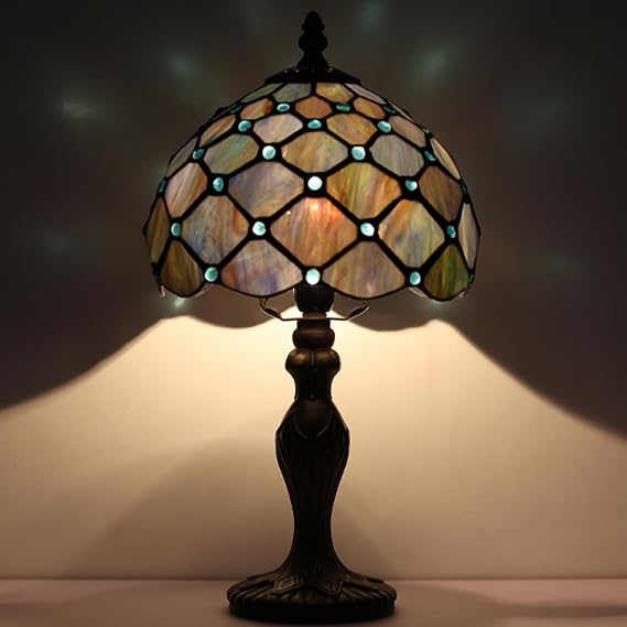 Small Tiffany Table Lamp Stained Glass Memory Lamp Blue Pearl Style | 8815 Inches Bedside Mini Reading Memory Desk Light Vintage Base Button Switch Decorative Bedroom Living Room Home Office