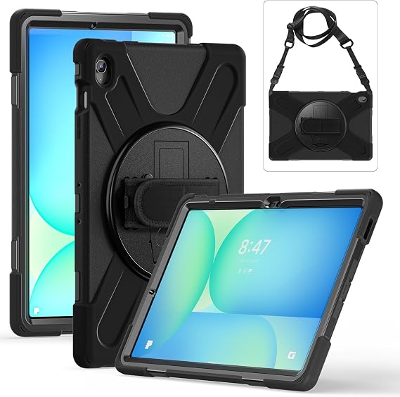 Case for Samsung Galaxy Tab S10 FE Plus 13.1 Inch 2025 (SM-X620/X626), Upgraded Military Shockproof Cover with Hand Strap+Shoulder Strap+Rotating Kickstand (Black)
