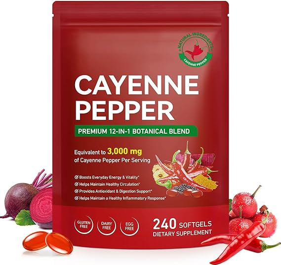 Cayenne Pepper Softgels 240Count, Cayenne Pepper Capsules with Vitamin E D3+K2, Supports Blood Circulation, Digestive & Heart Vessel Health