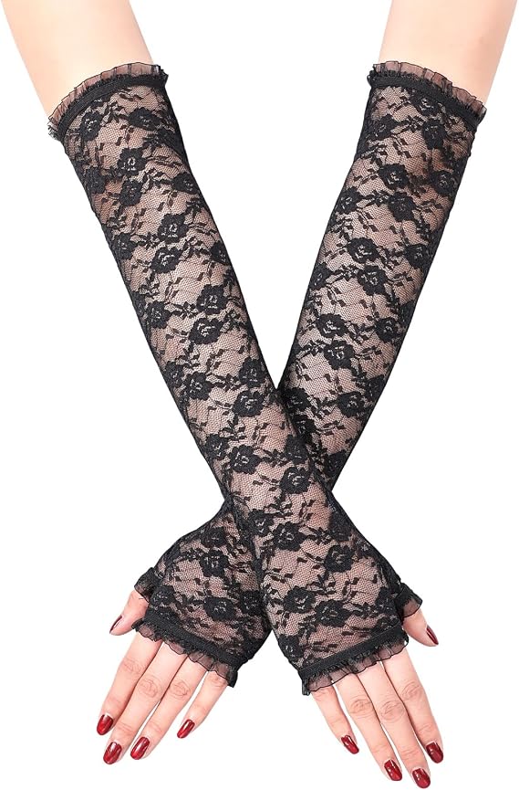 LEACOOLKEY Women Long Lace Gloves Elegant Fingerless Lace Gloves for Wedding Party Halloween
