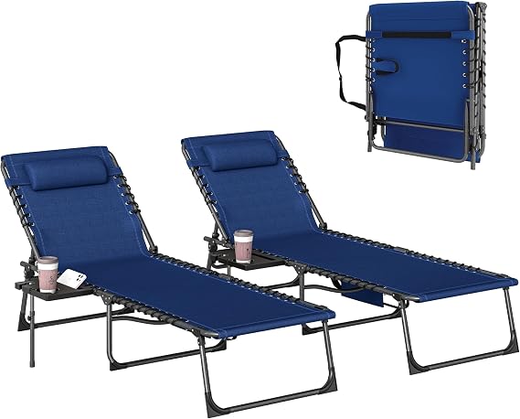 Outsunny Folding Sun Loungers Set of 2 Cup Holder Side Pocket Dark Blue
