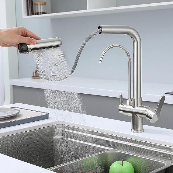 3 Way Kitchen tap, Kitchen taps with Pull Out Spray,4 Modes Pull-Out Sprayer,Taps with Pull Out Spray, 360° Swivel High Arc, Dual Lever, Separate Drinking Water Spout