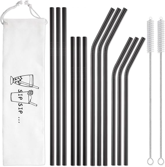 Hiware 12-Pack Black Stainless Steel Straws Reusable with Case - Metal Drinking Straws for 30oz and 20oz Tumblers Dishwasher Safe, 2 Cleaning Brushes Included
