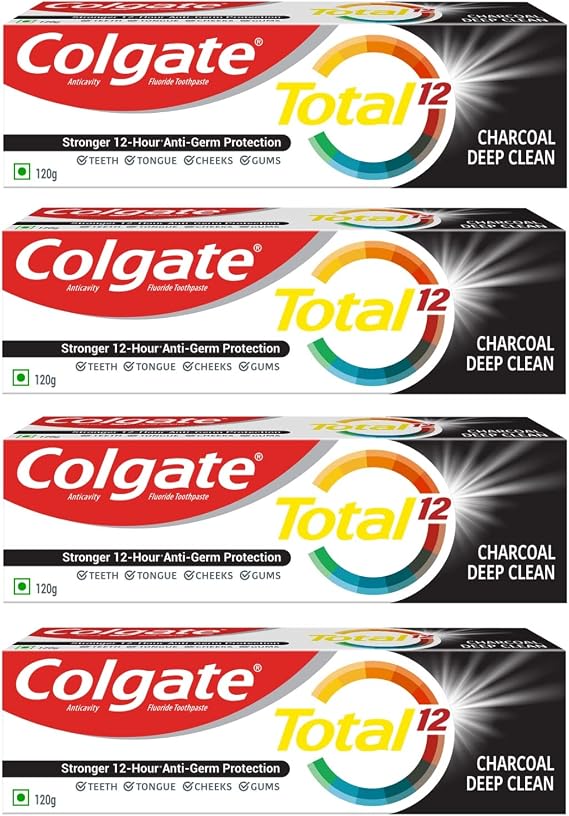 Colgate Total 120gm/4.2oz x 4pcs (480gm/16.9oz) Charcoal Deep Clean Comboo Toothpaste and Toothbrush, Stronger 12-Hour Protection, Whole Mouth Health Pack of 4