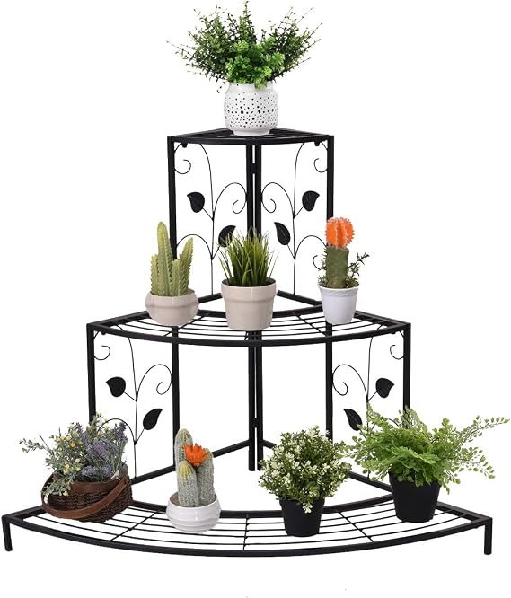 S AFSTAR Corner Plant Stand, 3-Tier Mental Plant Stand, Plant Flower Pot Display Rack, Pot Holder Shelf, Rustproof Ladder Potted Shelf, Outdoor Plant Stands for Patio Garden Yard Balcony (Black)