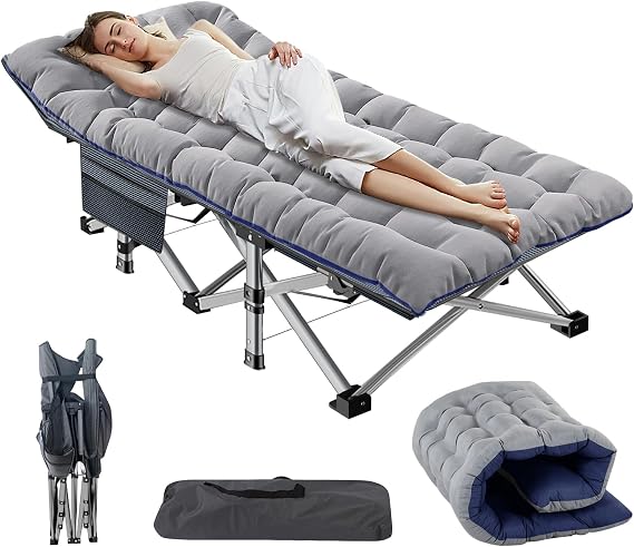 Garden Sunloungers 440lbs Load Capacity Folding Bed Sun Recliner Lounger with Side Pocket and Adjustable Backrest Portable Camp Bed for Camping Office Nap Patio Pool 190x71x35CM (Grey)