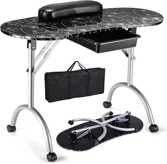 GIANTEX Foldable Nail Table with Drawer, Portable Manicure Table, Black