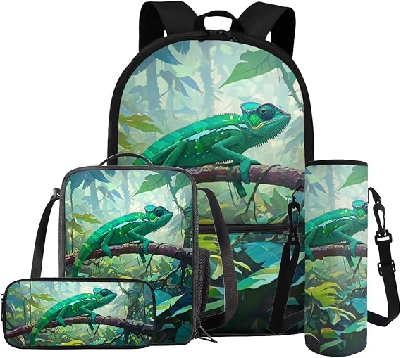 Chameleon Backpack for Boys 6-8 with Lunch Box 17 Inch Elementary School Bookbag Set with Pencil Case and Water Bottle Sleeve 4 Pcs School Supply Bag Set
