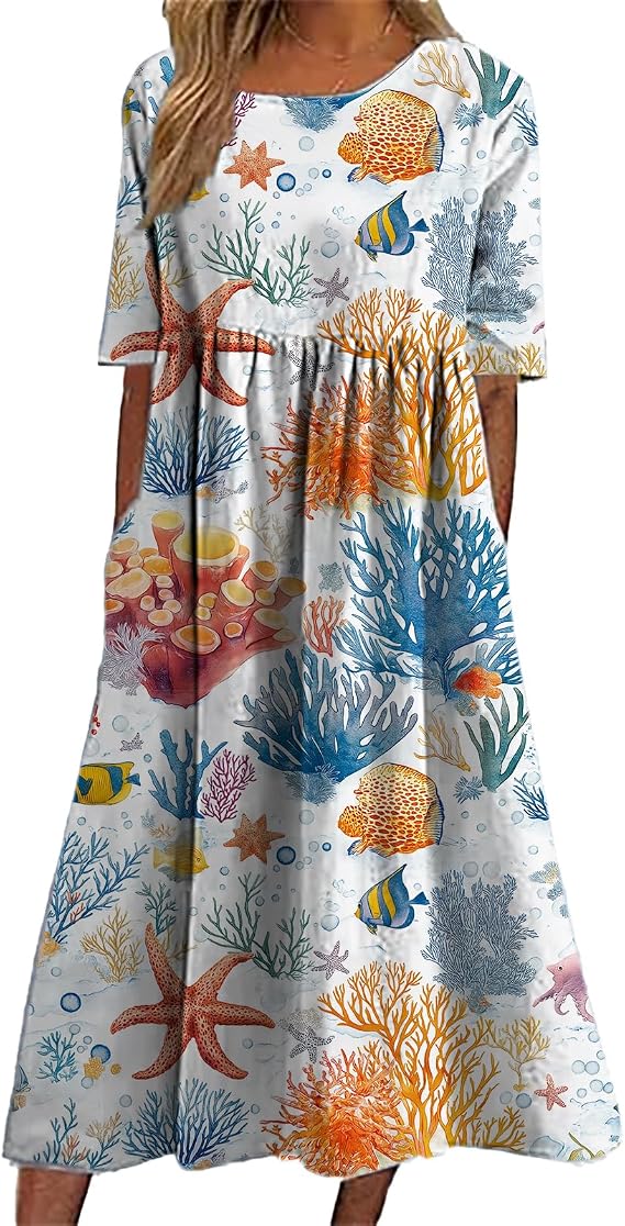 Summer Boho Dresses for Women Midi Floral Dress Casual Short Sleeve Beach Vacation Dress Loose Sundress with Pockets