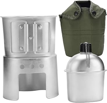 Canteen Kit, 850ml Aluminum Metal Canteen with Cup & Stove, Complete Army Canteens Set for Camping, Hiking, and Outdoor Adventures Cup Stainless Steel