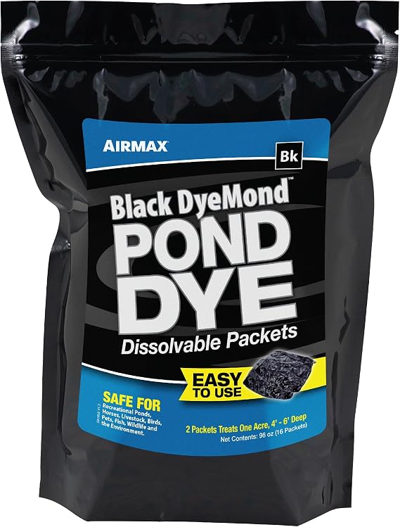 Airmax Black DyeMond Pond Dye Packets, 16 Soluble Packets | Natural Colorant, Beneficial UV Blocking Color Concentrate for ponds, fish, bird & animal safe water treatment
