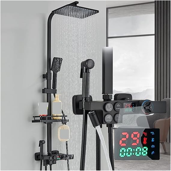 LED Rainfall Shower Panel Tower System Shower Black Copper All Home Bathroom Shower Set Thermostat Digital Display Rotating Elevating Pressure Shower Multifunction Color: White Hot Gold, Size: 1