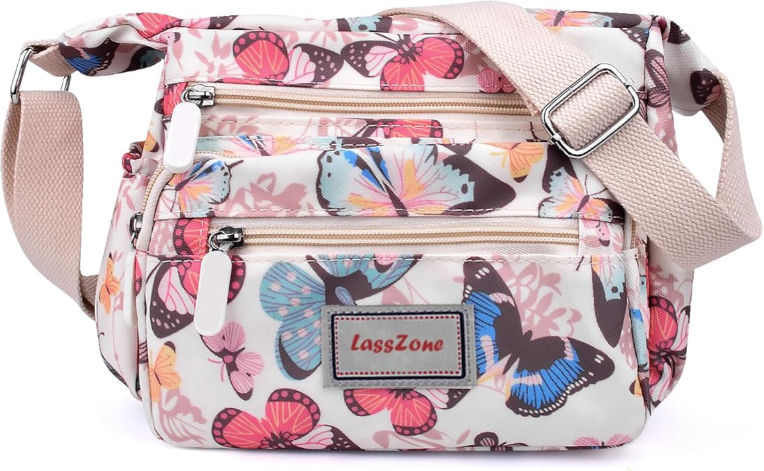 LassZone Crossbody Bag for Women Waterproof Nylon Shoulder Handbags Multi Pocket Casual Messenger Bag Floral Travel Purse