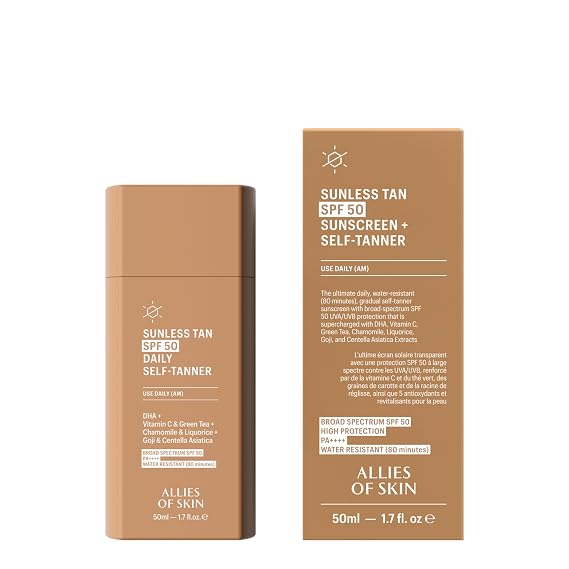 Allies of Skin Daily SPF 50 Daily Self Tanner for Face, 1.7 Fl Oz | Builds a Natural, Streak-Free Tan While Shielding from UV, Lightweight Gel with Vitamin C for an Even, Sun-Kissed Glow