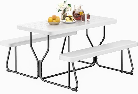 Outdoor Picnic Table with Benches Set HDPE Picnic Tables for Outdoors, Wood Texture Picnic Table Bench, Rustproof Steel Frame, Seats 4 Adults, Ideal for Camping, Backyard Parties (White-4.5ft)