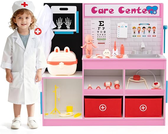 Costzon Kids Wooden Doctor Playset, Medical Activity Center w/ 29 Accessories, Examine Region, X-Ray Film, ECG Monitor, Eye Chart, Faucet & Height Measurer, Pretend Hospital & Vet Playset (Pink)