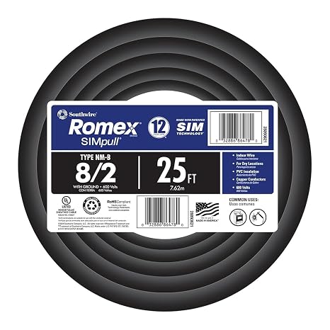 Southwire 28893621 8/2 AWG 25ft. Nonmetallic With Ground Sheathed Cable, Black