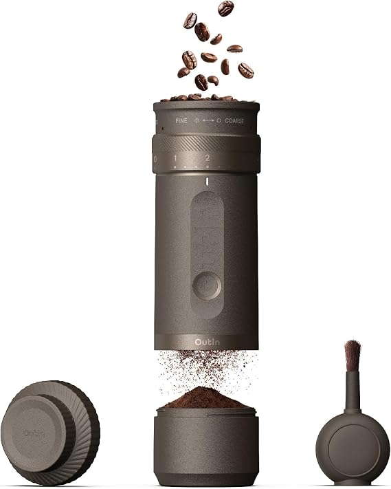 OutIn Fino Portable Electric Coffee Grinder with 28 Precise Grind Settings | Adjustable Coffee Bean Grinder, One-Touch Burr Grinding, Fast-Charge Battery, Auto-Stop & Clog Protection, Tundra Brown