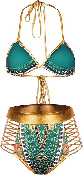Zando Women Tribal Print Bikini - African Metallic Swimsuit Two Piece Beachwear Cutout Halter Neck Bathing Suit Swimwear