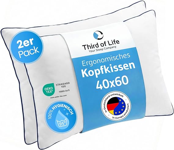 InSPIRO Pillow 40 x 60 cm Set of 2 Ergonomic Sleeping Pillow Double Pack 40 x 60 pillow für Seitenschläfer Rückenschläfer Bauchschläfer Nackenstützkissen von Schlafexperten Allergiker geeignet