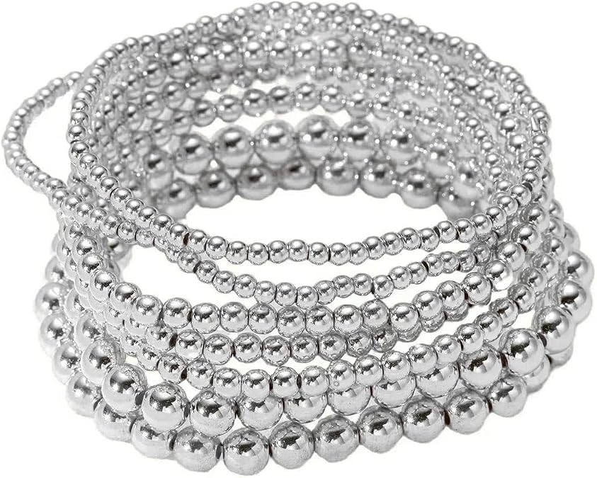 Gold Beaded Bracelets Adjusatable 14K Gold Plated Stackable Bracelets Stretch Bead Ball Bracelet Set for Women 3MM 4MM 6MM 8MM Beads Jewelry