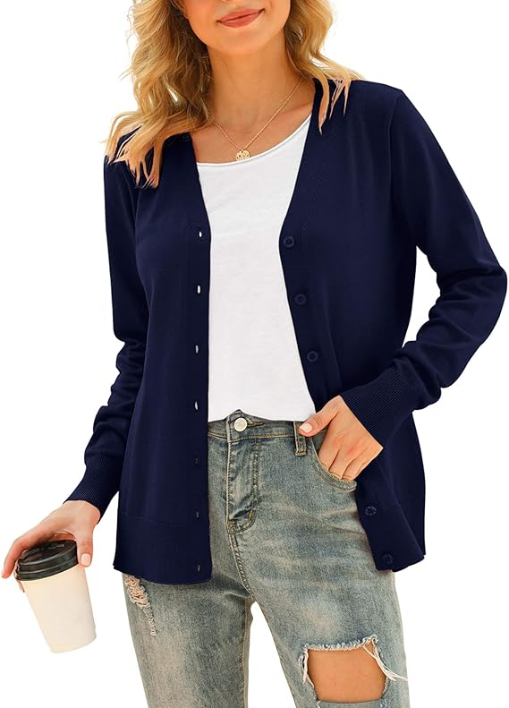 VIISHOW Women Long Sleeve Button Down V Neck Lightweight Basic Knit Sweater Cardigan
