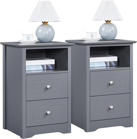 Yaheetech Bedside Tables Set of 2 with 2 Drawers and Open Shelf, Grey