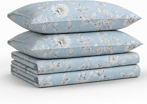 Tribeca Living King Bed Sheet Set, 300 Thread Count Soft Cotton Sateen, Floral Print with Extra Deep Pockets, 4-Piece Bedding Set, Colmar Sky Blue/Multi