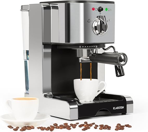 KLARSTEIN Coffee Machine With Milk Frother, Barista Coffee Machines For Home, 20 Bar Compact Espresso Machine, Stainless Steel, Anti-Slip Pads, Espresso Maker for Coffee Powder/Pods, 1.25 L, Silver