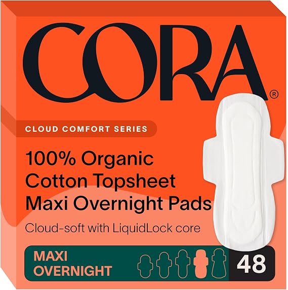 Cora 100% Organic Cotton Topsheet Pads Maxi Overnight Pads (48 Count) | Maxi Absorbency Period Pads with Wings, Up to 10 Hours of Leak Protection, Made Without Harsh Chemicals, Feminine Care
