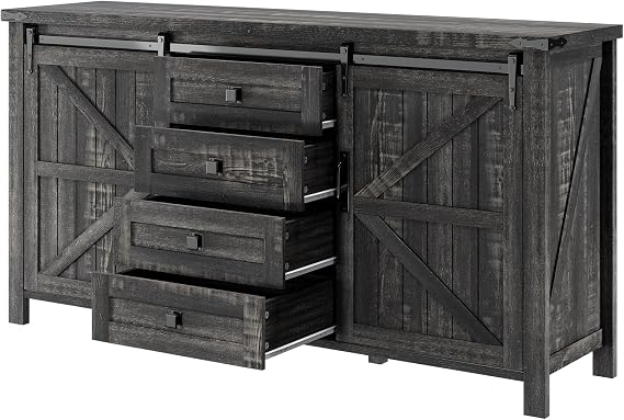 60" Sideboard Buffet Cabinet with Storage Drawers for Kitchen, Dining Room, Oak Black