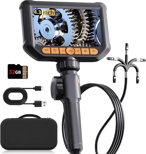 Dual Lens Endoscope Camera with Licth 360° HD Rotatable Inspection Camera 4.3 Inch IP67 Waterproof Tube Camera Channel Endoscope Camera with 8+1 LEDs 32G Card and Carry Bag 1.5 m